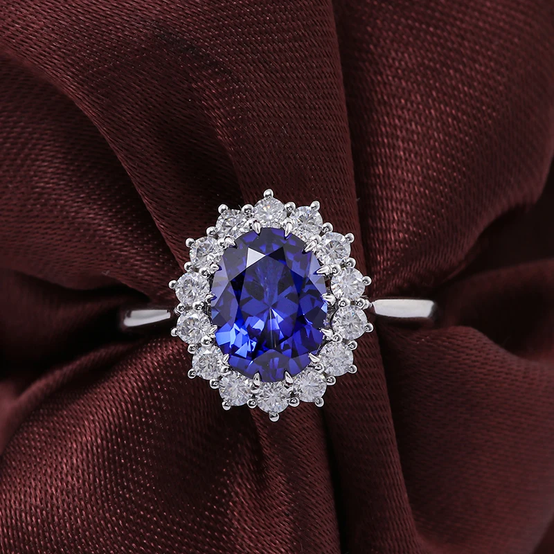 

Provence Luxury wedding Ring 14K18K Solid Gold blue Oval cut Lab Gemstone DEF/VS Lab Diamonds Halo Ring Personalized Custom