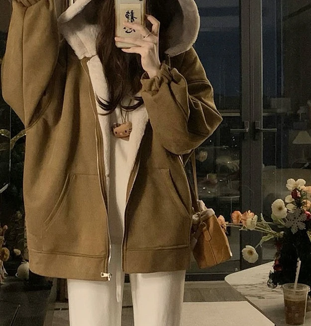 Hooded and Flannel Cotton Coat Women's Lamb Fleece Cotton Coat Winter Jacket