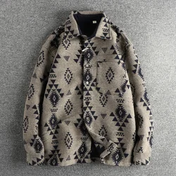 Winter New American Retro Long Sleeve Thickened Tribal Totem Printed Shirt Men's Simple Single Pocket Casual Loose Blouses Coat