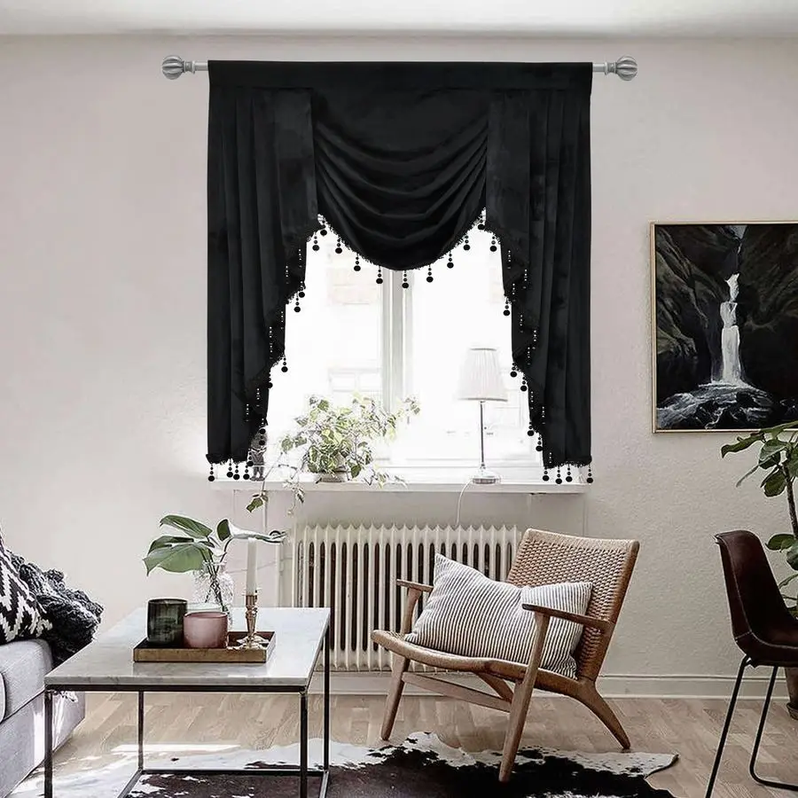 

Черный бархатный ламбрекен-водопад с карманом для карниза для окон гостиной и кухни, 1 панель, ширина 39 дюймов, черный