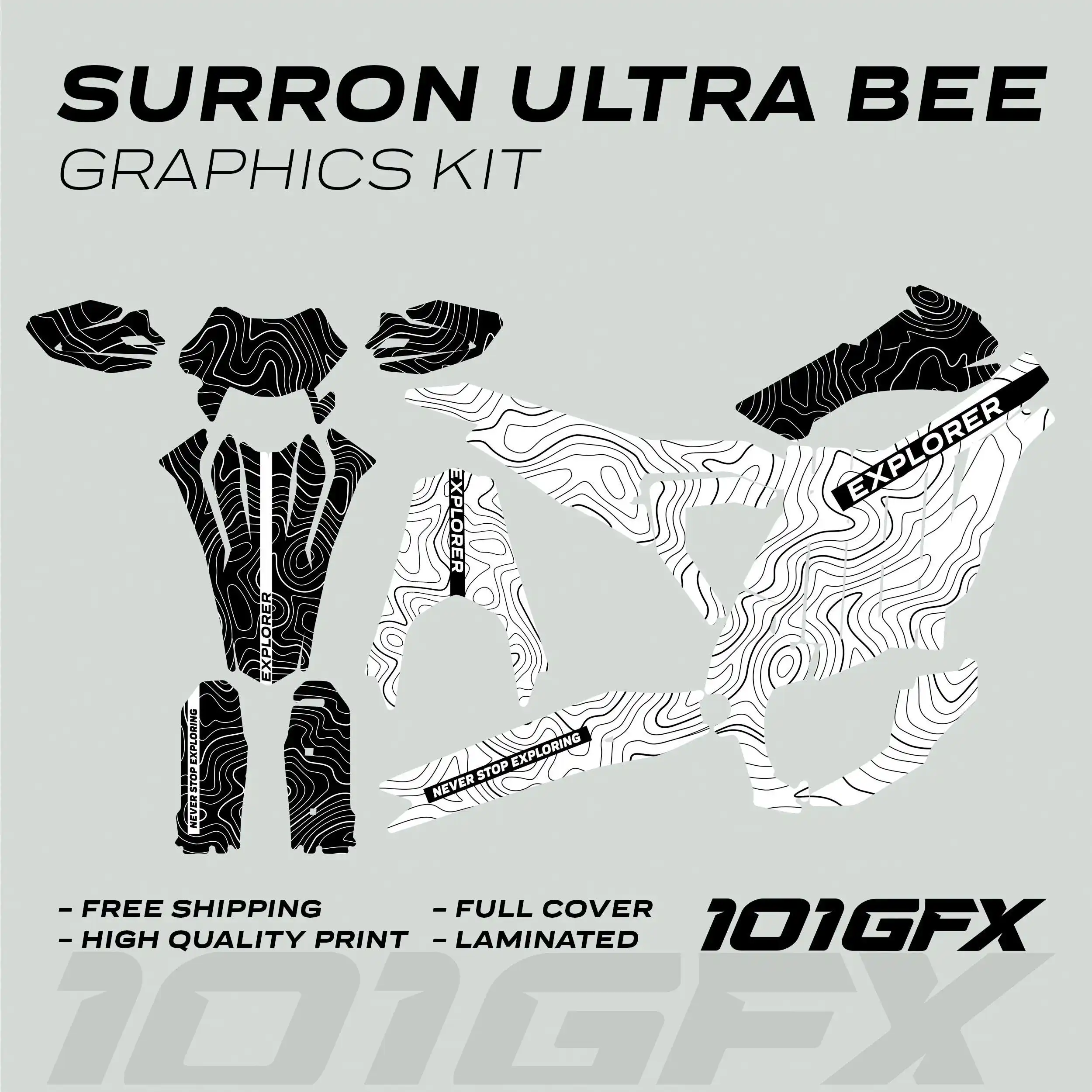 Graphics Kit EXPLORER WHITE BLACK Explore Altitude Decals Stickers Laminated eBike Decals Wrap Protection For Surron Ultra Bee