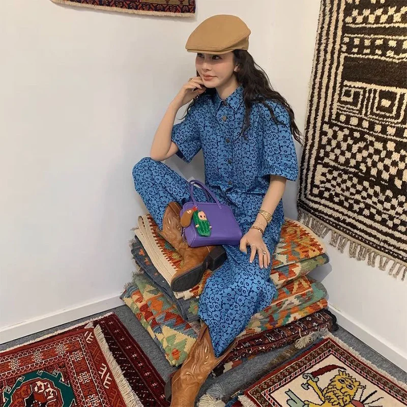 Chemise à manches courtes pour femmes, imprimé Floral bleu, combinaison à revers, simple boutonnage, ample, polyvalente, pantalon à jambes larges, corée