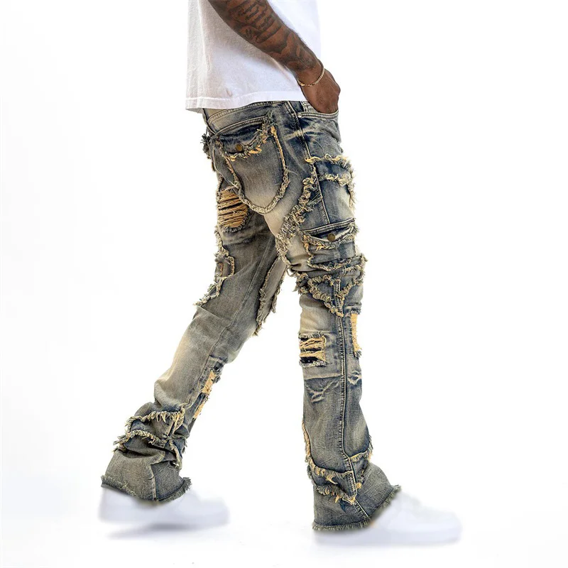 Men's Spring Autumn Casual Denim Pants Ripped Multi Pockets Slim Fit Jeans Trousers