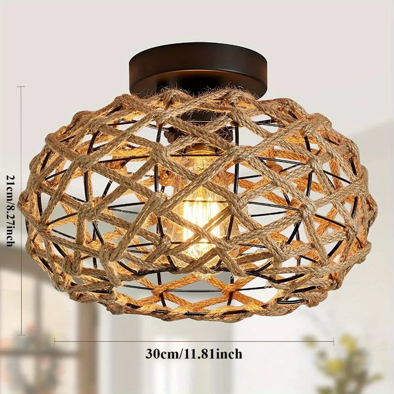 Chic Hemp Rope Ceiling Light - Woven Rattan Wicker Accents - Semi Flush Mount Retro Fixture for Kitchen Bedroom Hallway
