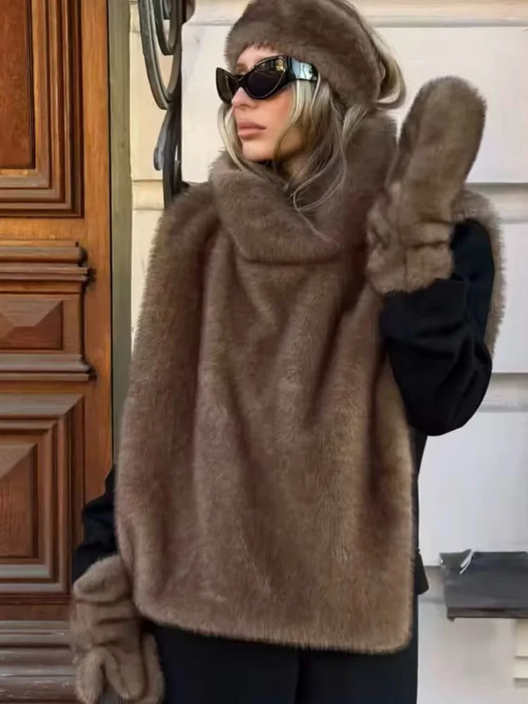 HH المرأة الدافئة عادية أكمام عالية الرقبة سترة الرجعية فو الفراء تأثير شال قصير الشتاء النساء موضة 3-اللون الصلبة شال