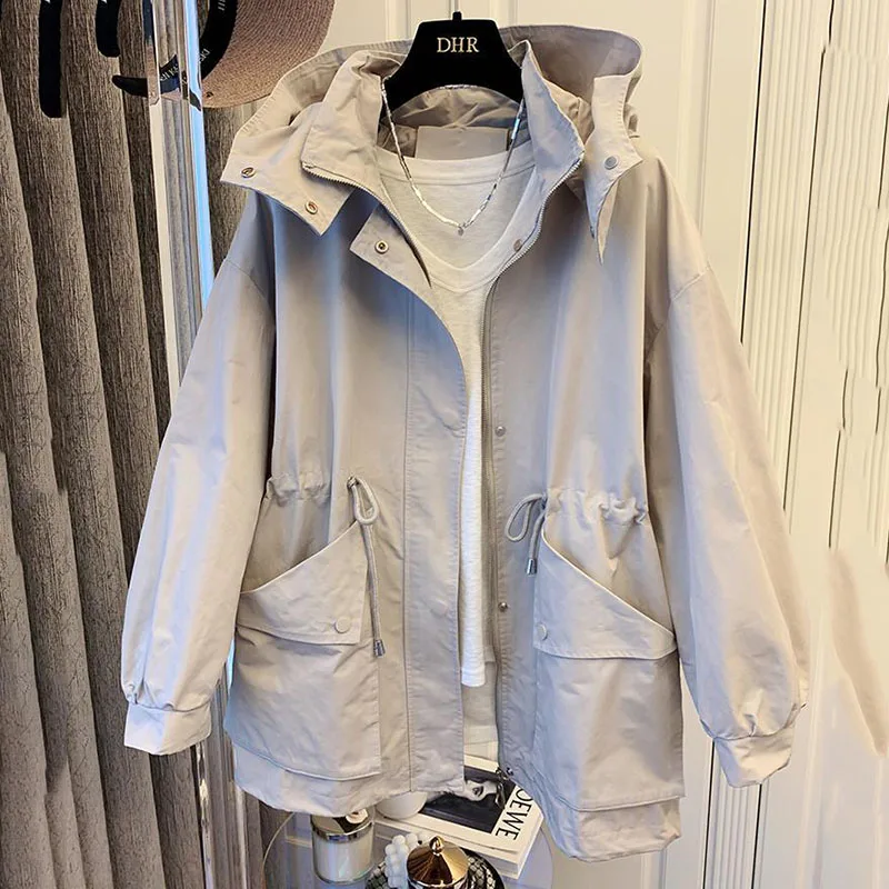 

Women's Casual Sports Windbreaker Coat, Korean Loose Long Trench Coats, Hooded Parka, Lined Overcoat, Spring Fashion, New