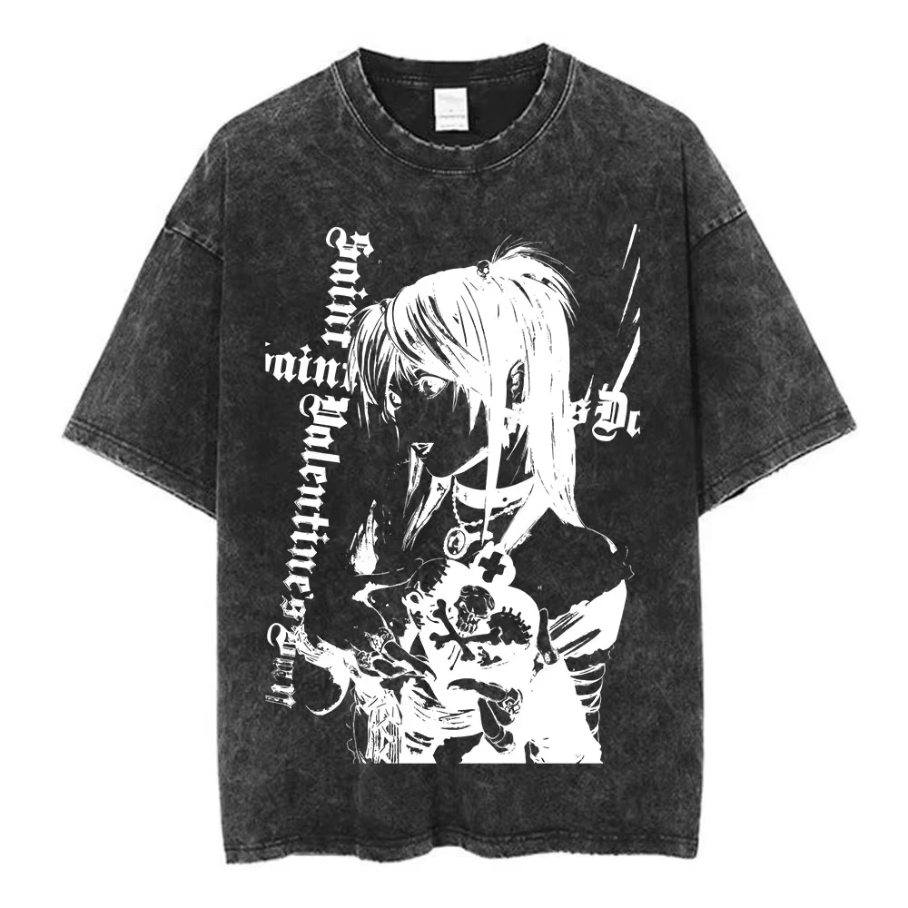 Angesagte Vintage-Washed Anime Death Note Misa Amane T-Shirts für Männer und Frauen, Baumwoll-Freizeit-T-Shirts, Modische Kurzarm-T-Shirts