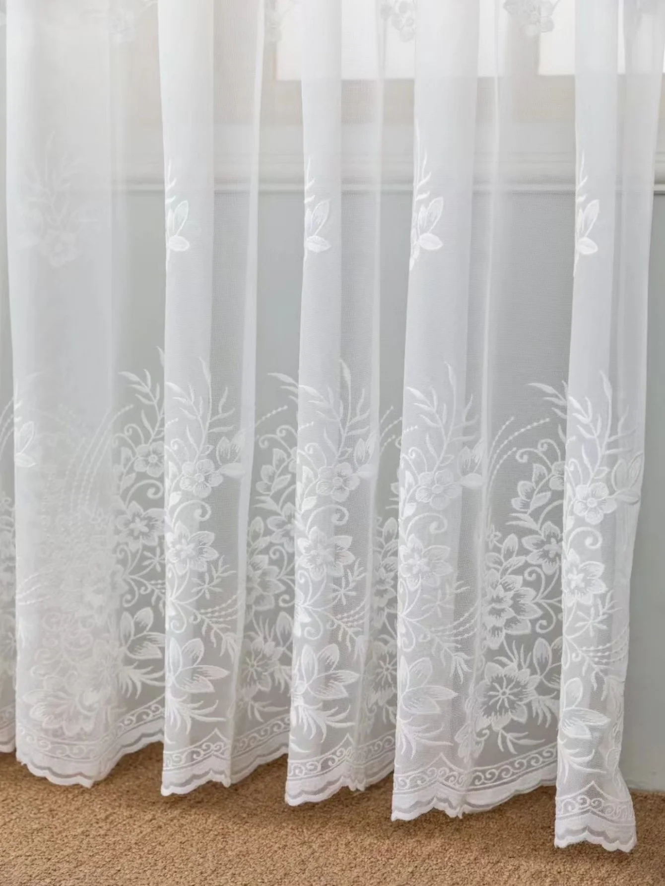 Sheer Curtains White Embroidered Floral VoileDrapes for Living room, Bedroom