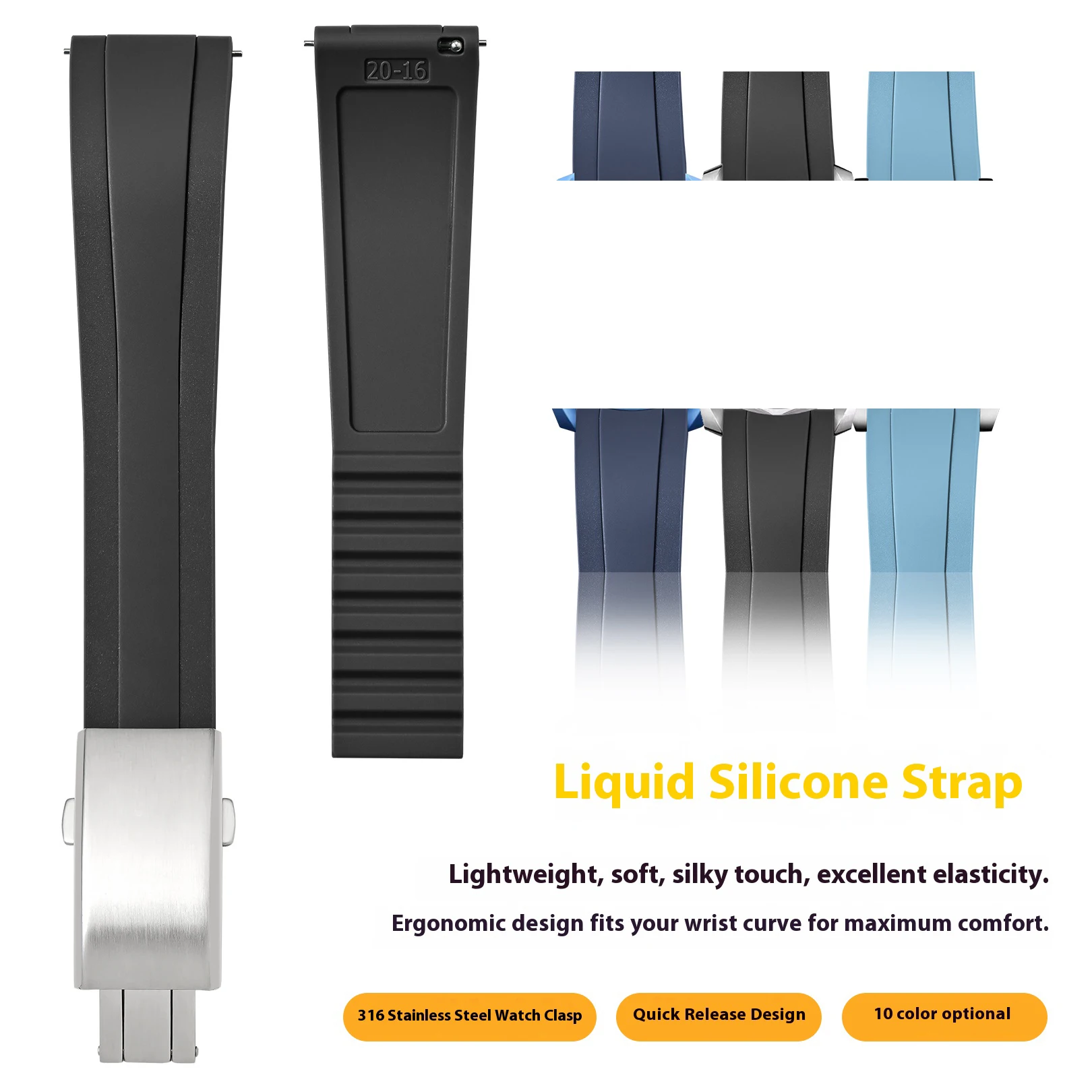 Cut to Size Liquid Silicone Strap 20mm 22mm 316 Folding Buckle Quick Release Sport Waterproof Universal Replace Watch Band