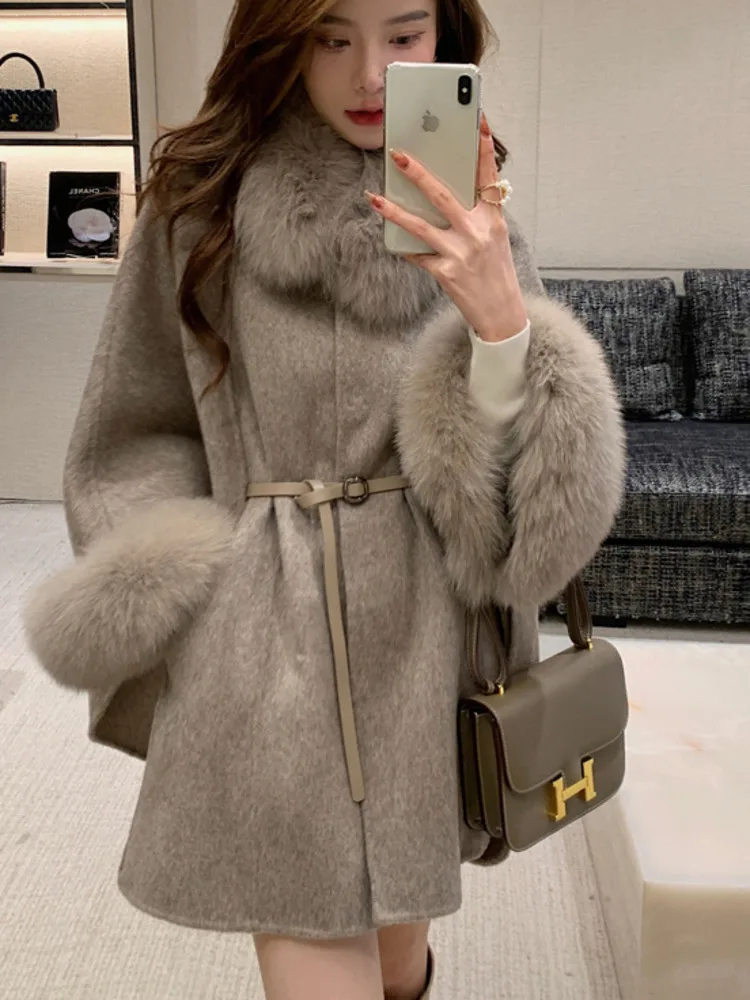 JXNH Simple And Versatile 2024 Autumn/winter Fox Fur Collar Premium Double-sided Loose Solid Color Wool Cape Shawl Coat