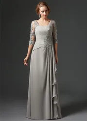 Silver 2022 Mother Of The Bride Dresses A-line 3/4 Sleeves Chiffon Lace Plus Size Long Elegant Groom Mother Dresses Wedding