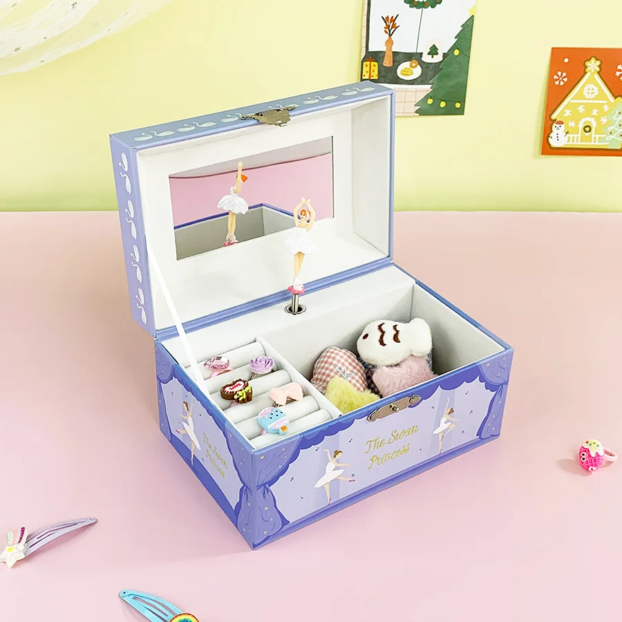New Hot Sale Blue Swan Ballet Rotating Musical Jewelry Box Lock Design Built-in Mirror Velvet Compartment All Holiday Birthday G