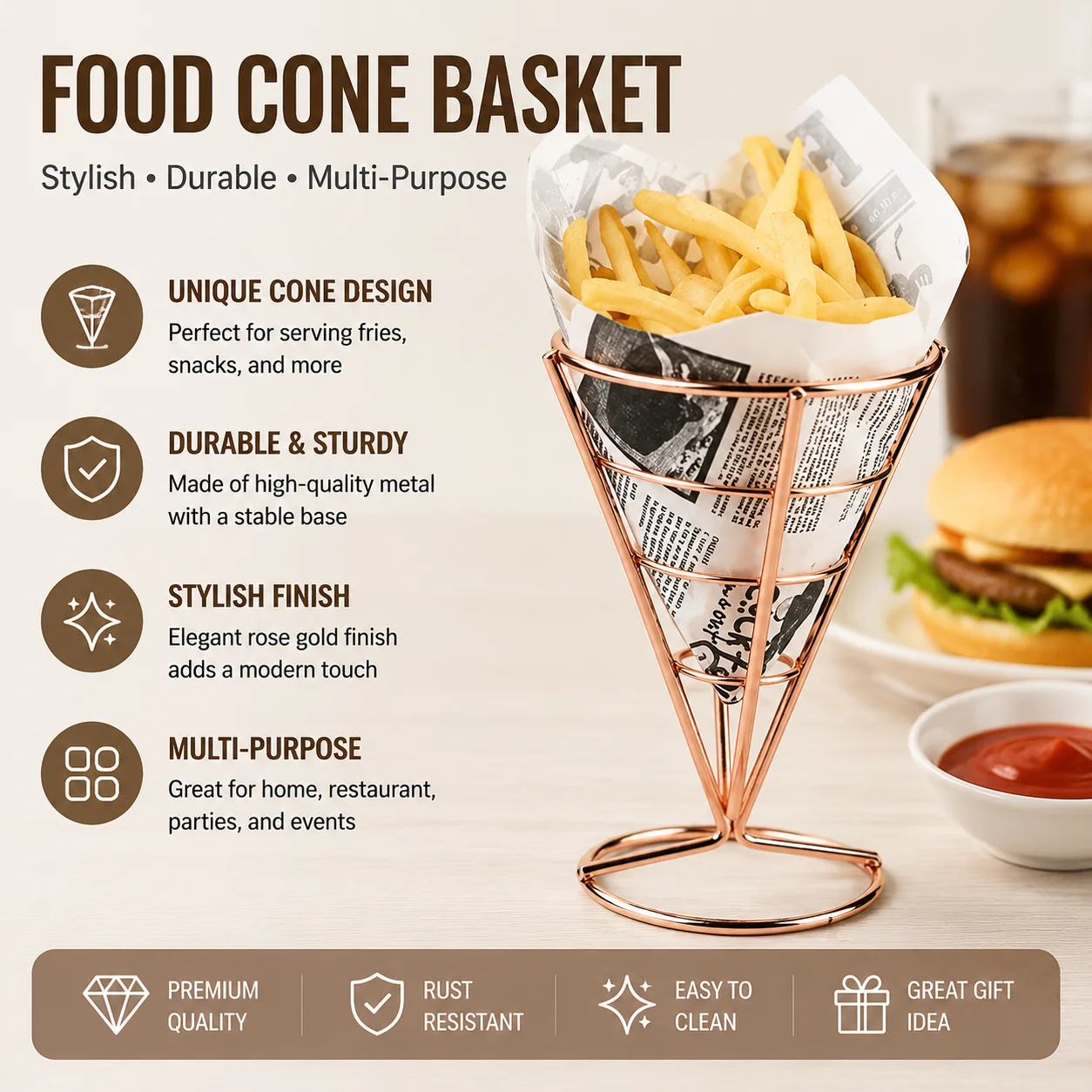 Support de présentation pour frites en cône, présentoir élégant pour frites et poulet frit, organisateur de service alimentaire pour cuisine
