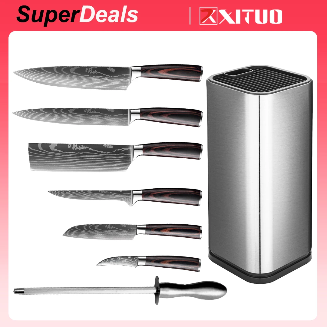 XITUO  Japanese chef knife set Damascus steel Pattern kitchen knives Cleaver Paring Santoku Slicing Utility Fruit knife