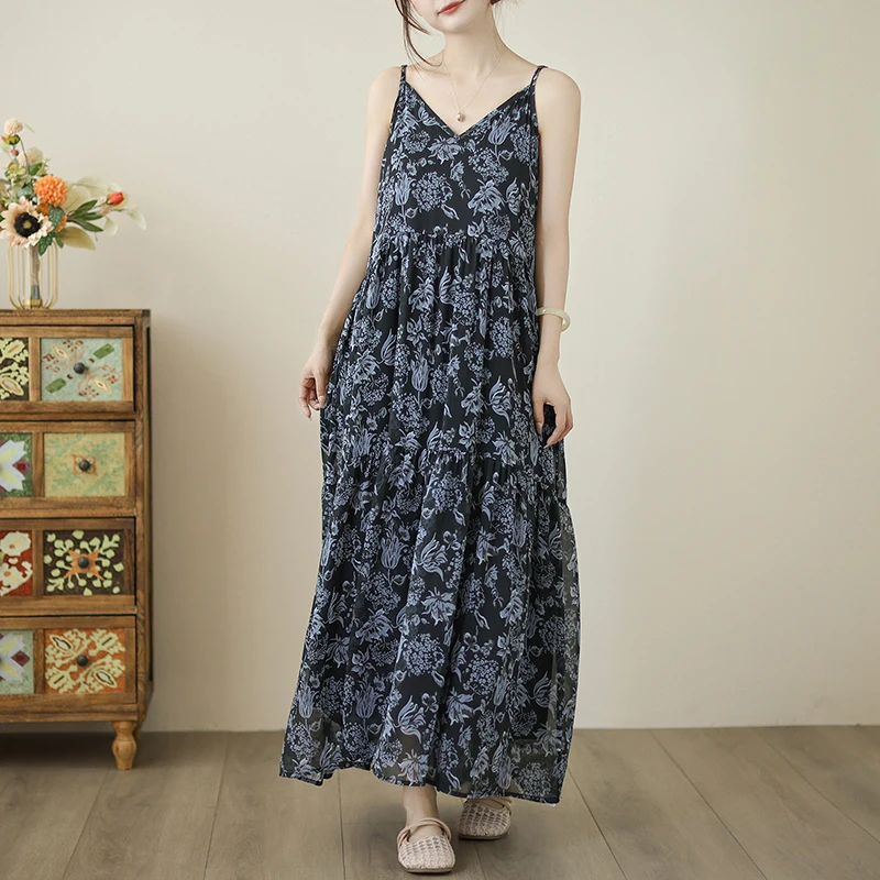 2025年夏プリントサスペンダーコットンリネンルーズロングマキシ丈ワンピースカジュアルルーズビーチホリデーボヘミアン