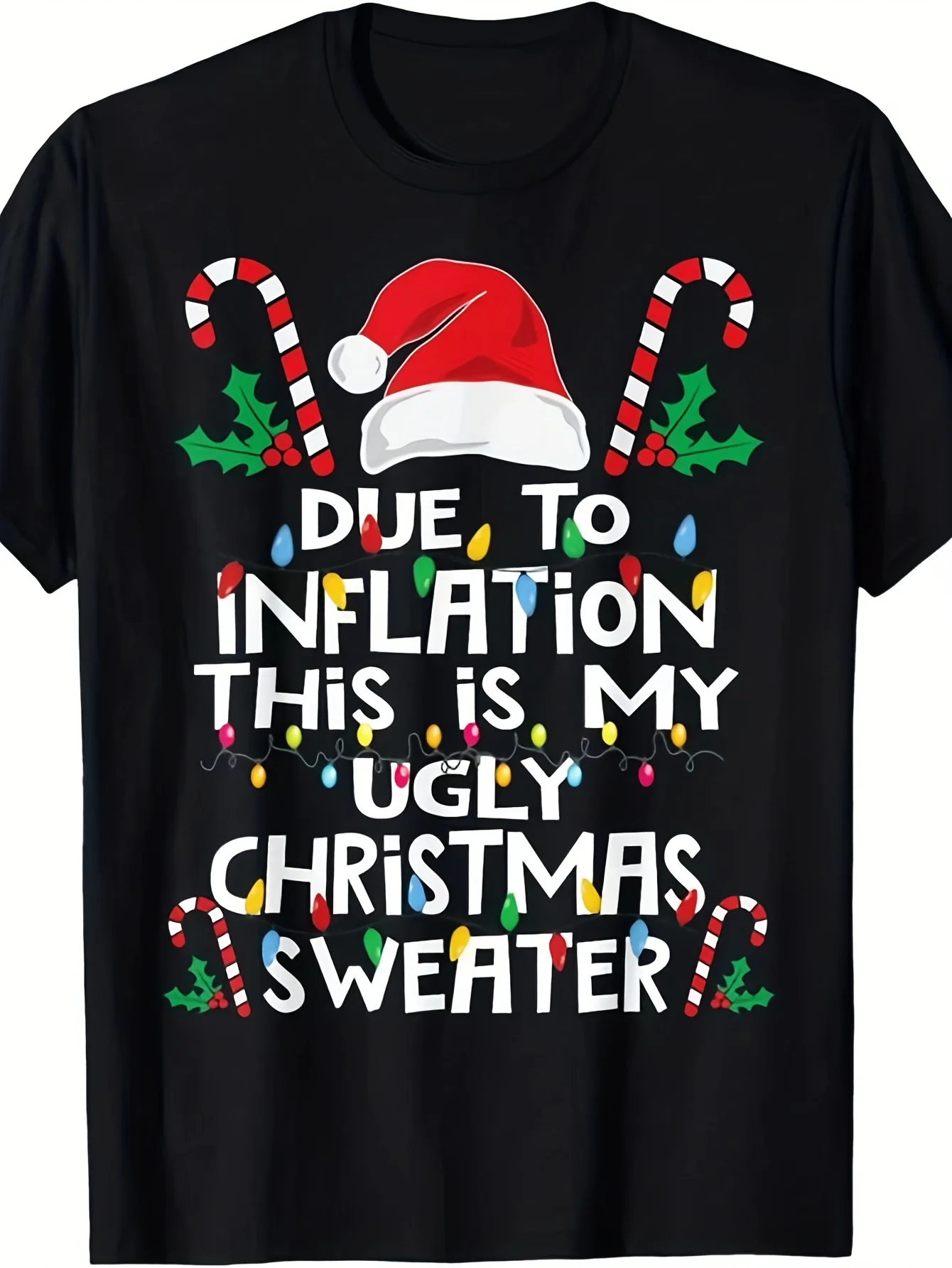 Men's Cotton Soft Breathable Shirt with A Black Crew Neck Design Is Perfect for Casual Wear. This Humorous Christmas Sweater-themed T-shirt Is Comfortable and Short-sleeved, Making It A Great Choice for The Festive Season