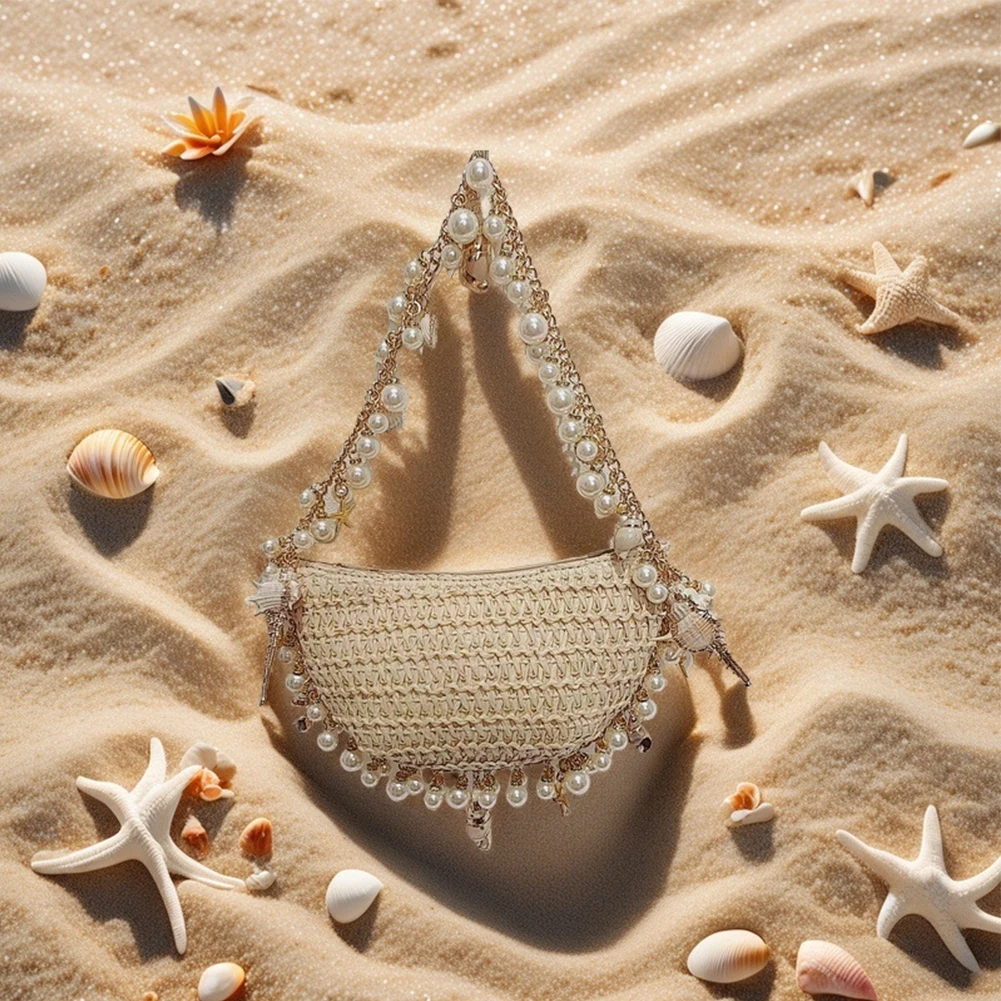 

Women Pearl Conch Handbag with Pearl Chain Elegant Straw Shoulder Bag Breathable Trendy Beaded Shoulder Bag Seaside Soft Clutch