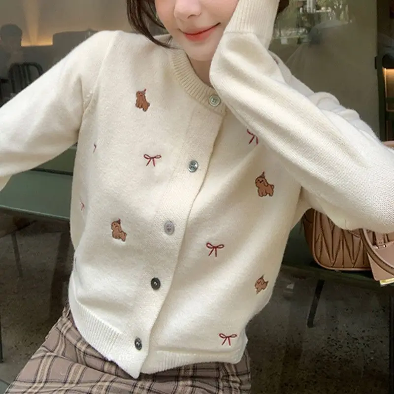 2024 Spring New Korea Fashion Bow Embroidered Sweet Sweater Knitted Cardigan Casual Long Sleeves Design Versatile Y2k Top