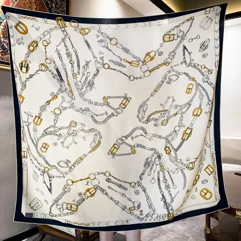 High-end Elegant Women Exquisite Chain Horse Double-sided Printed Quality Silk Wool Hand-rolled Edge Large Square Scarf Shawl