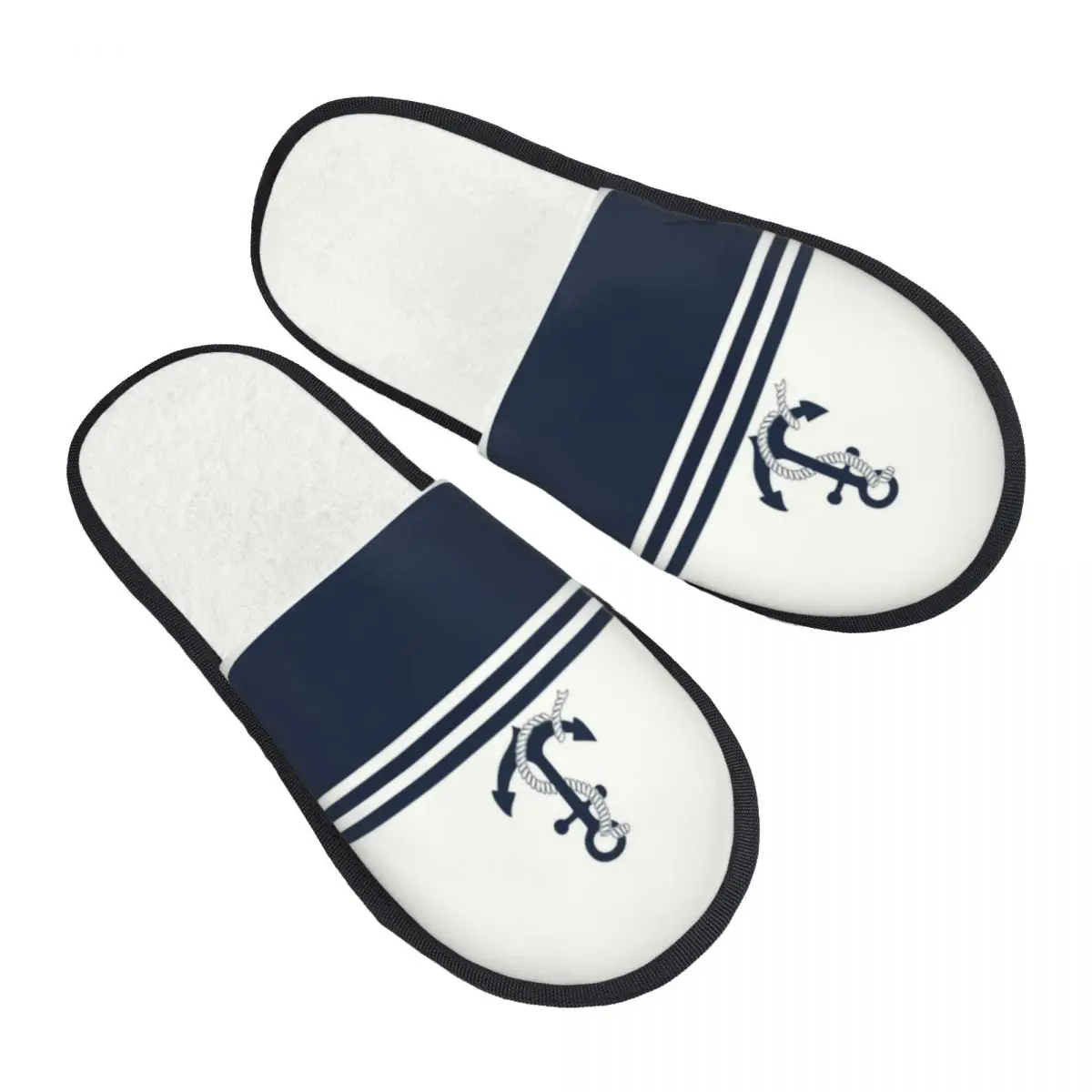 Custom Navy Blue Stripes Nautical Anchor Boat House Slippers Women Soft Memory Foam Slip On Spa Slipper Shoes