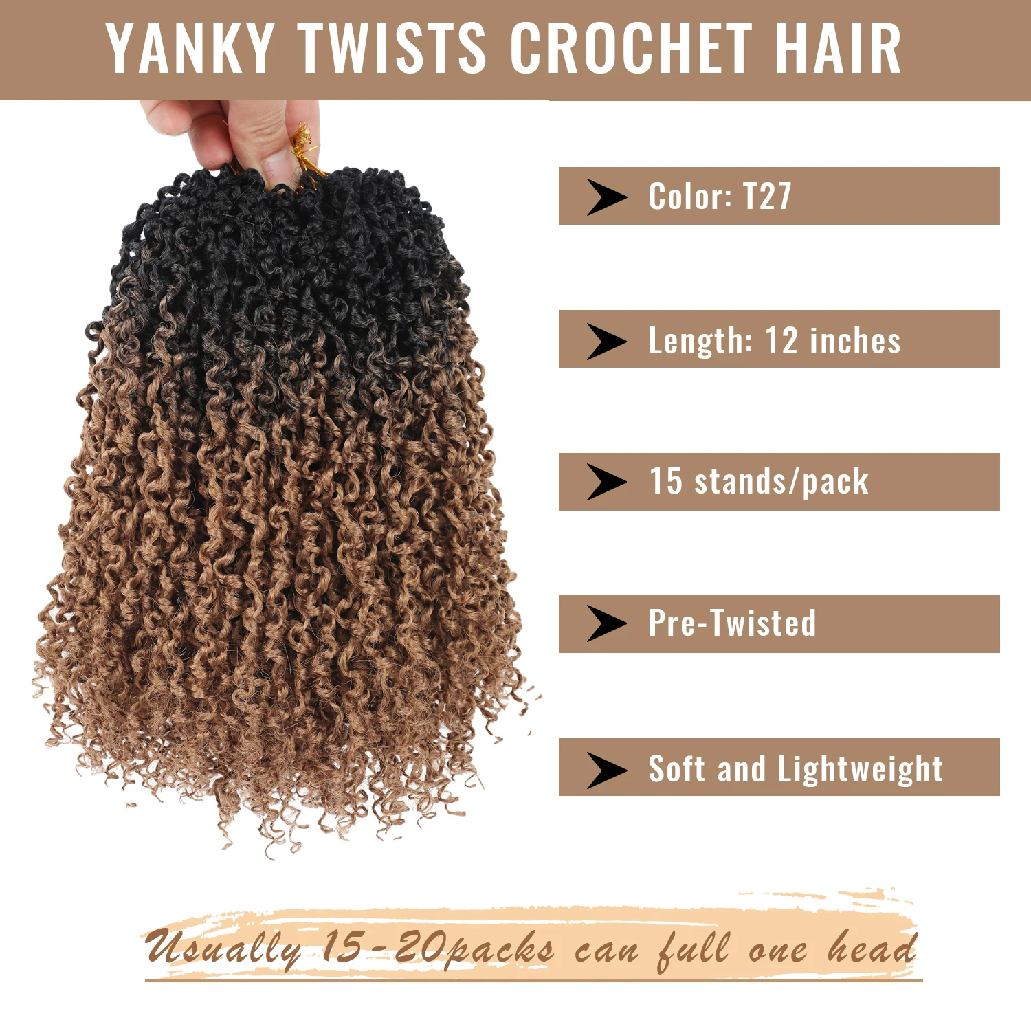 Yanky Twist Crochet Hair 10 Inch Pre-Twisted Curly Braiding Hair Extensions Pre-looped Senegalese Twist Braids