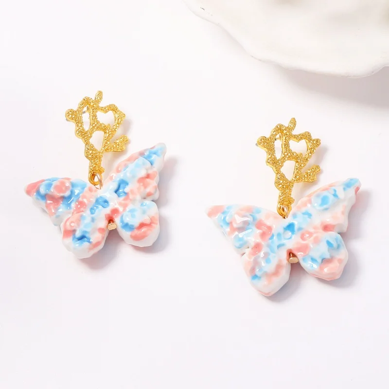 Gold Hollow Coral Branch Pink Blue Marbled Butterfly Drop Earrings for Women Pastel Resin Butterfly Dangle Spring Jewelry