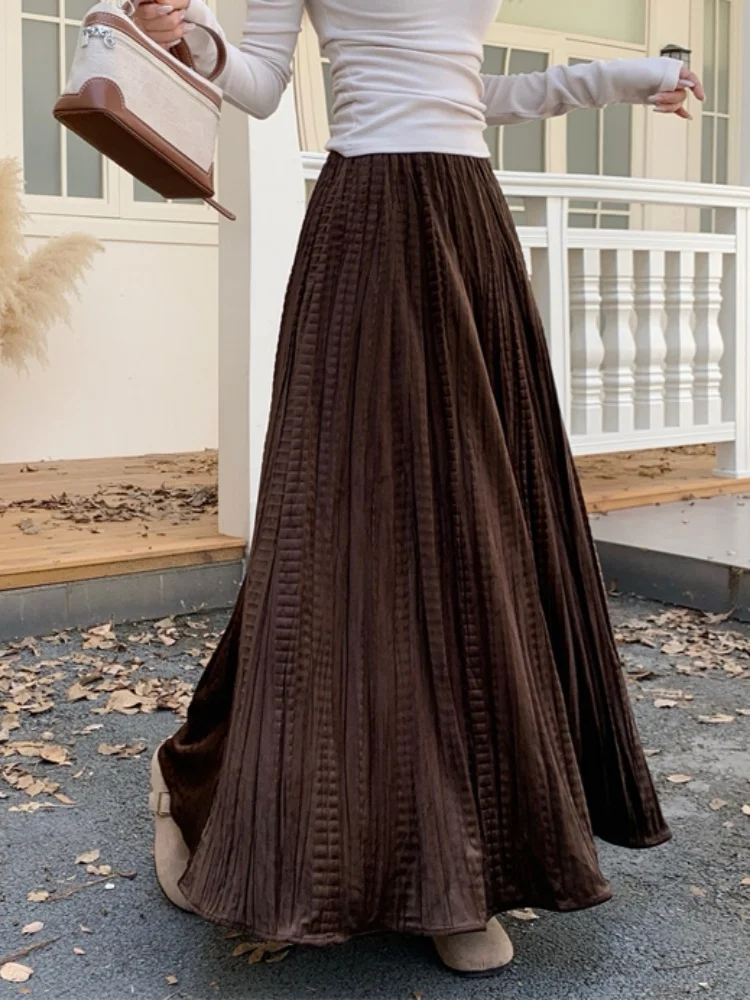 

SMTHMA 2025 фиолетовая сложенная юбка для женщин, осенняя бархатная свободная тонкая универсальная элитная юбка средней длины в стиле ретро