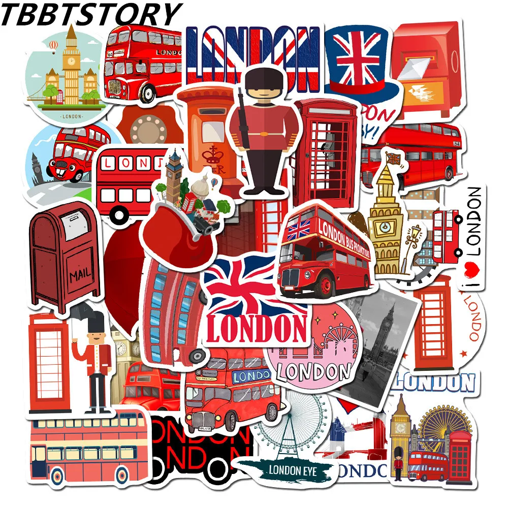 10/30/50Pcs England Landmark British London Bus Telephone Booth Decorative Stickers Phone Laptop Scrapbooking Luggage Decals