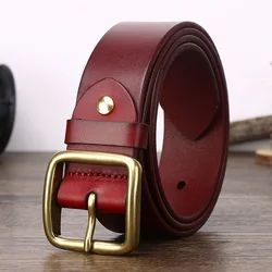 3.8cm Genuine Leather For Mens Belts  Copper Buckle Designer High Quality Men Cowboy  Natural Dress Luxury Belt Lumbar Mans Red