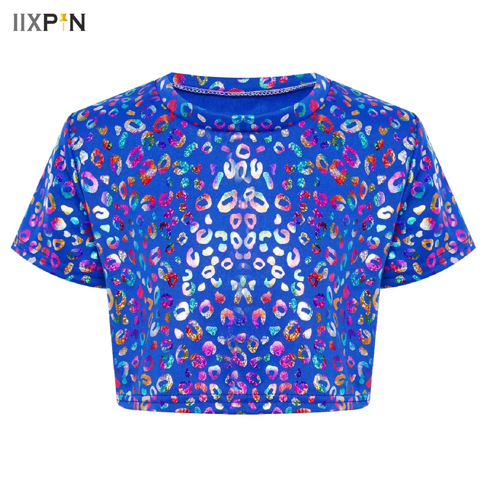 

Kids Girls Metallic Leopard Print T-shirt Cheerleading Dance Crop Top Round Neck Short Sleeve Shirts Street Performance Costume