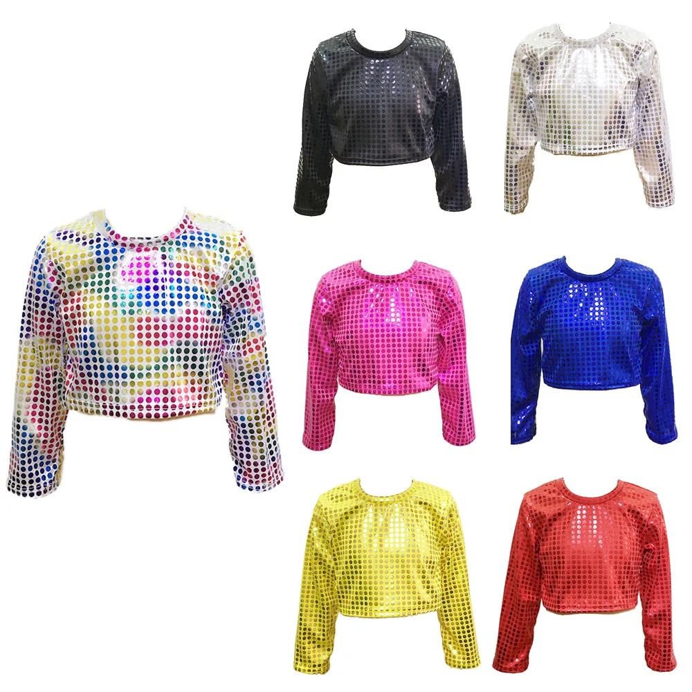 

Child Adult Long Sleeve Crop Top Shiny Metallic Dancing Costumes Jazz Stage Performance Clothes Dots Sequins Long Sleeve T-shirt