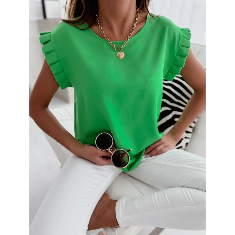 Women's Shirt Women's Top Short Sleeved Simple Round Neck Pleated Shirt European and American Fashion Trends