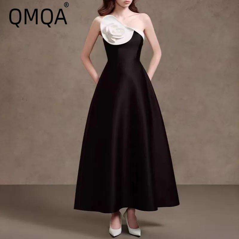 QMQA – robe en Satin pour femmes, bloc de couleurs, bretelles florales, col Slash, sans manches, taille haute, élégante, amincissante, nouvelle collection QM829