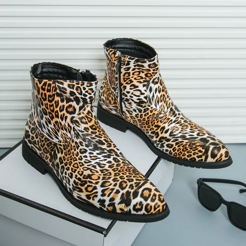 

2025 Autumn Leopard Ankle Boots For Man Big Size 46 Pointed Man Dress Shoes Business Casual Men's Leather Boot botas para hombre