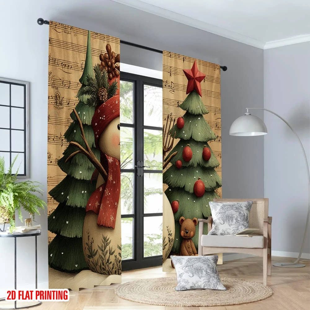 2 قطعة 2D الطباعة المسطحة عيد ميلاد سعيد الستائر عيد الميلاد ثلج مع الأشجار الرقمية المطبوعة البوليستر الستائر احتفالي جدار ديكور #4