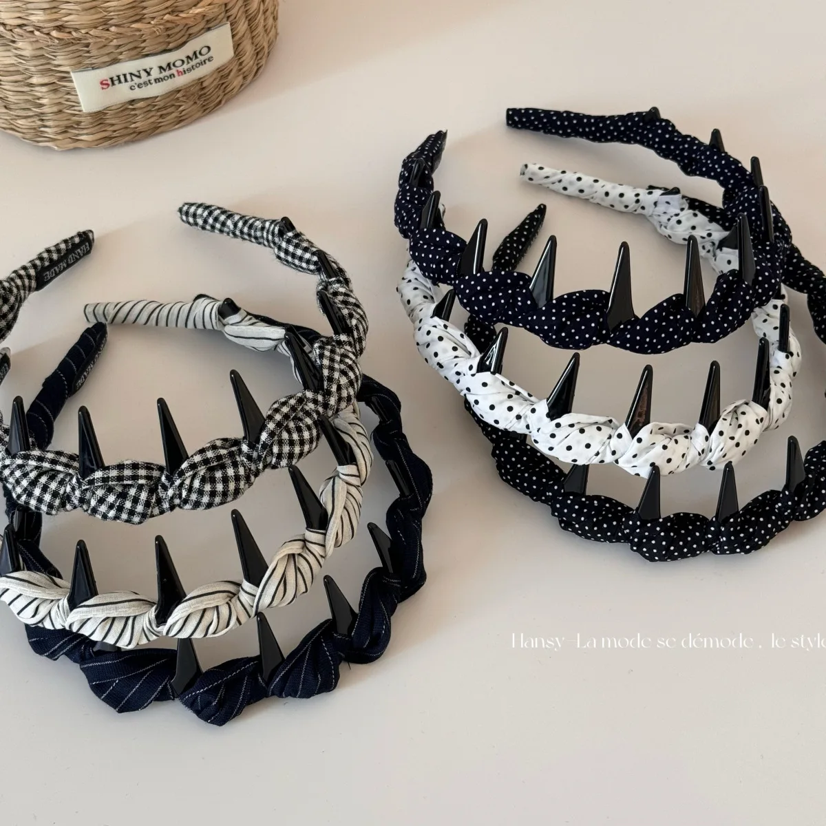 Headband Fabric Teeth Non Slip Retro Polka Dot Striped Soft Women Preppy Versatile for Daily Face Washing Home Office Travel