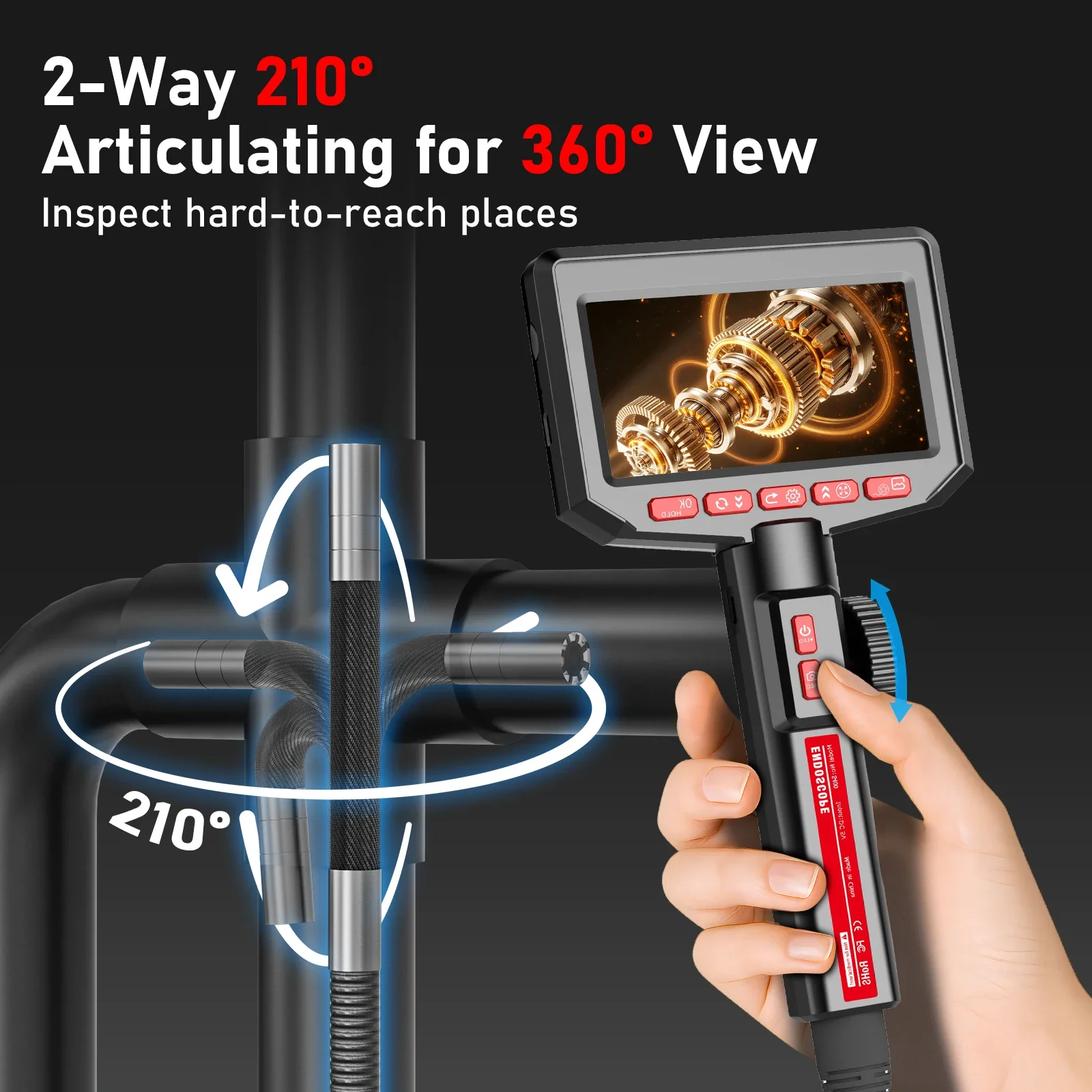 2-Way Articulating Borescope Camera with Light, 6.2mm , 4.3