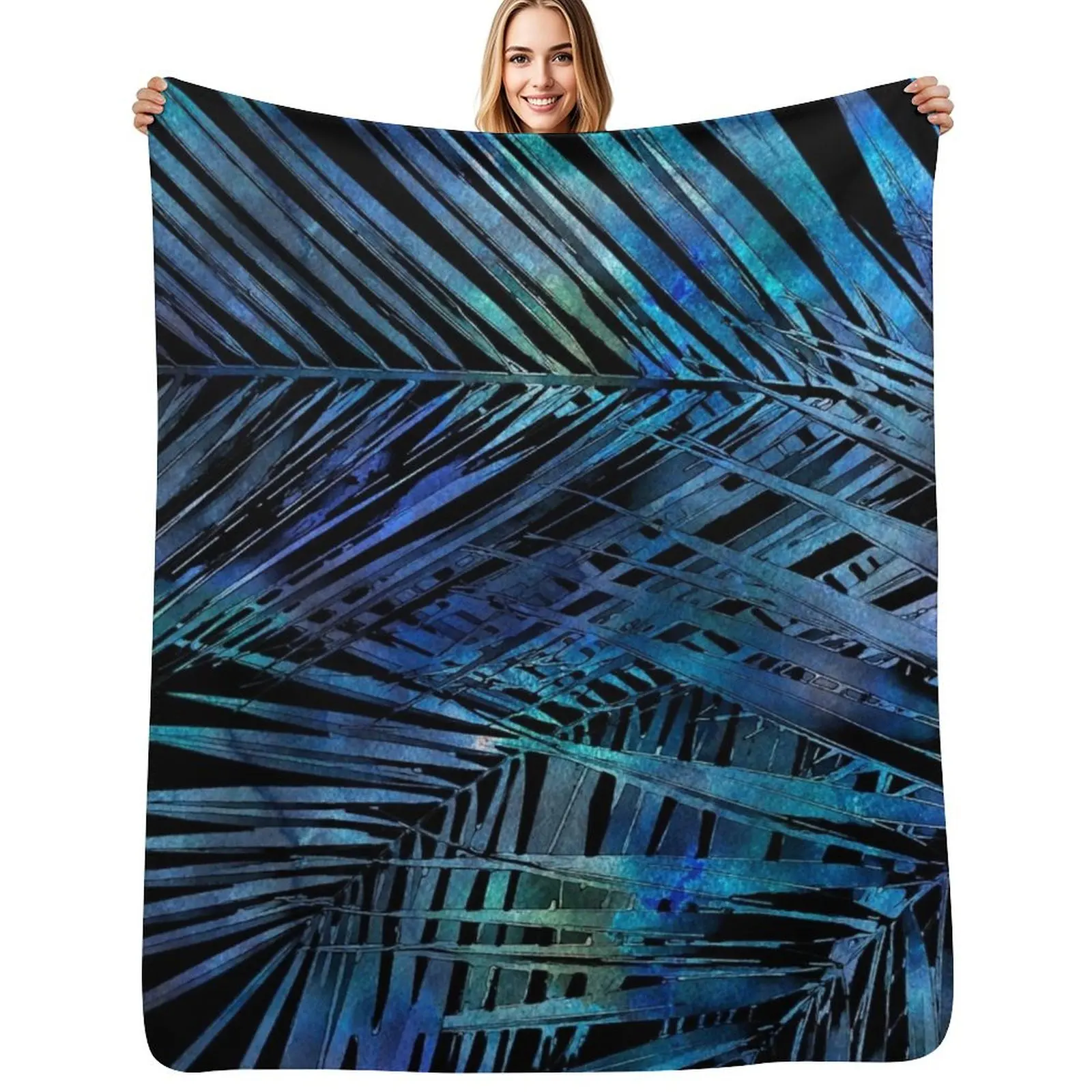 

Midnight Blue Palm Leaves Mixed Media Art Throw Blanket christmas gifts Baby manga Thin Blankets