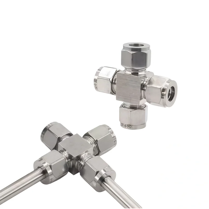

304 Stainless Steel Double Ferrules 4 Way Cross Fitting 4 6 8 10mm 12mm 1/8" 1/4" 3/8" 1/2" Tube Coupler Air Compression Fitting