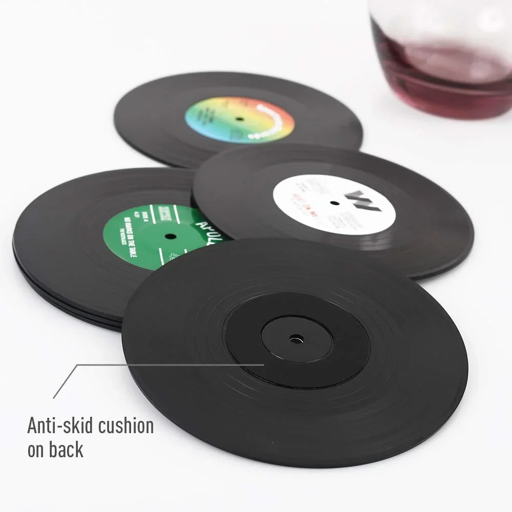 Set of 6 Colorful Retro Vinyl Record Disk Coasters for Drinks Vinyl Record Coaster Set Coffee Table Decor1