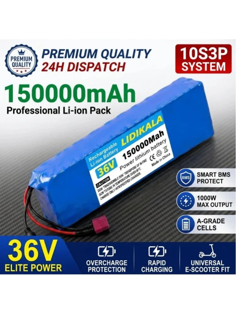 Akumulator litowy 36V 10S3P 150Ah 18650 z wbudowanym systemem BMS, wysokowydajny akumulator zamienny do rowerów elektrycznych, hulajnóg i pojazdów elektrycznych. — 2