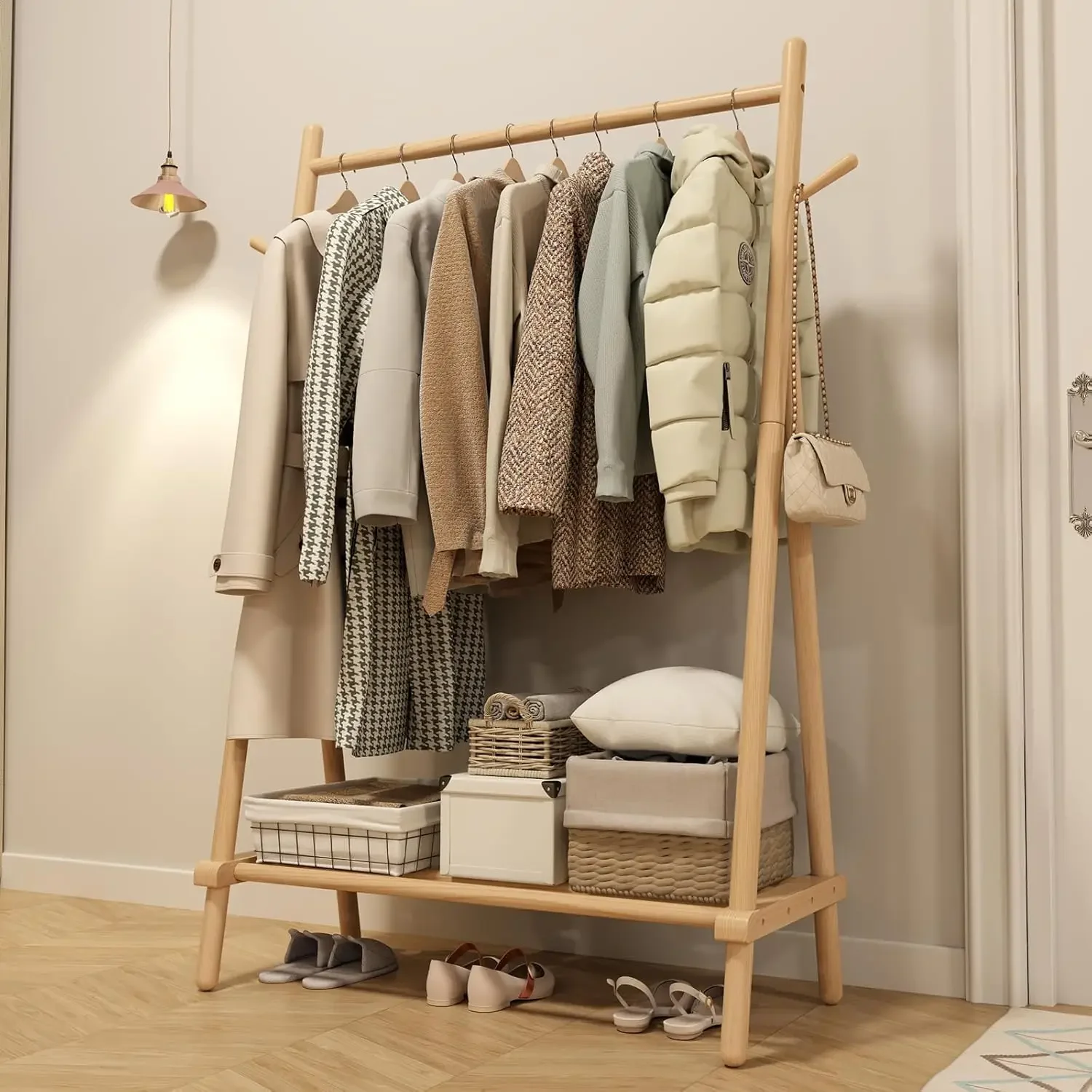 Wood Clothes Rack, Clothing Rack with Shelf and Hook, Sturdy and Portable, Garment Rack for Hanging Clothes,Coats,Skirts