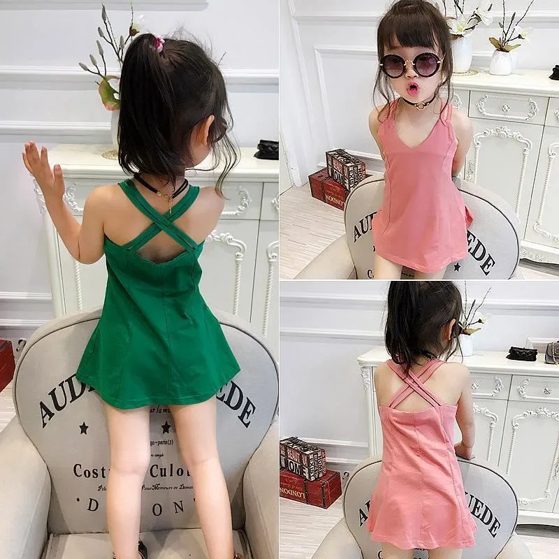 girl vest cotton dresses 2024 New Spring summer new baby children kids casual stitching birthday party dresses