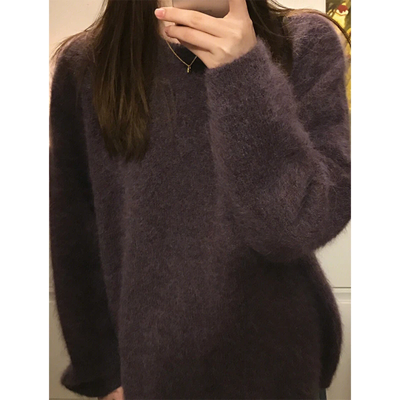 Purple Soft Fluffy Pullover Sweater Women's Thickened Autumn Winter Casual Loose Knitted Oversize Sweater Y2k Streetwear