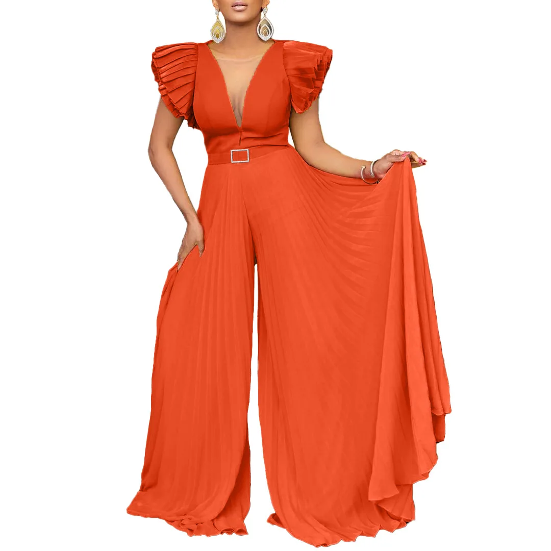 Women\'s Sexy Deep V Pleated Wide Leg Oversized Pants with Waistband Jumpsuit