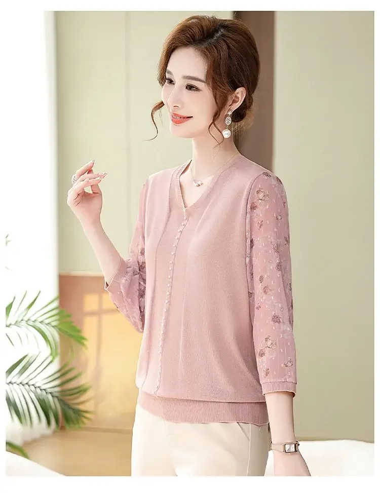 Shirt for Middle Aged and Elderly Women in Summer Thin Sleeve T-shirt Young Mom's New Western Style Yarn Sleeve Knitted Small
