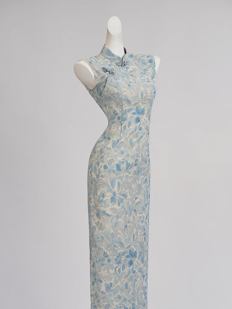 

Синий новый китайский Sle Svel Qipao Young Slim Fit, летние тонкие женские маленькие размеры, улучшенная версия, повседневная одежда с цветочным узором