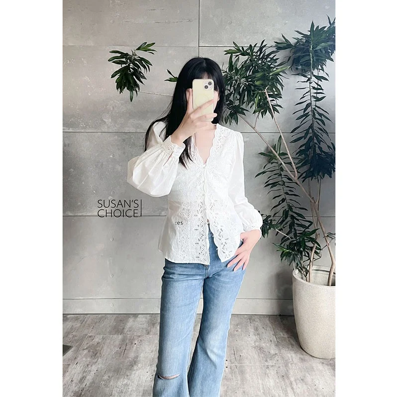 

Susan French Sle Long Sve V-Ne Lace Embroidery irt Women's Slim Fit Cotton Top Ele Courtly Aosphere White