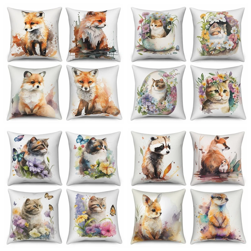 

Cute Animal Fox Cat Pillow Case 45x45 Watercolor Animal Flower Sofa Cushion Cover Throw Pillowcase Home Bed Car Decorative