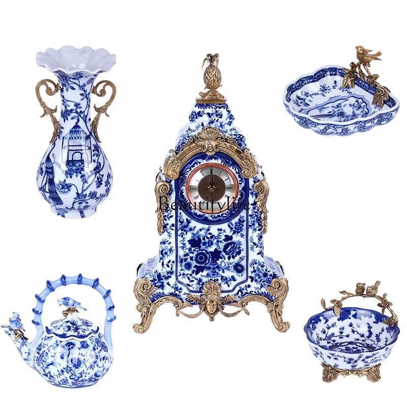 French Chinese style ceramic inlaid copper blue and white porcelain vase flower and bird tissue box living room